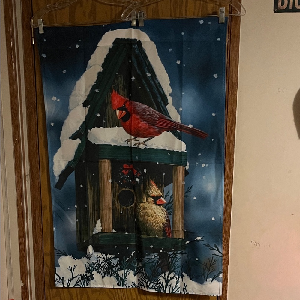 Winter Birdhouse House Flag with Cardinals
